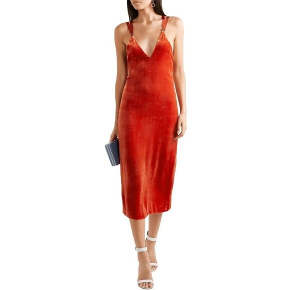 Dion Lee Dress Orange Velvet Mesh Straps V Neck Plunge Midi Slip Sz 4 NWT